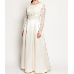 Vintage 1966 Handmade Satin and Lace Empire Waist Wedding Dress in Cream